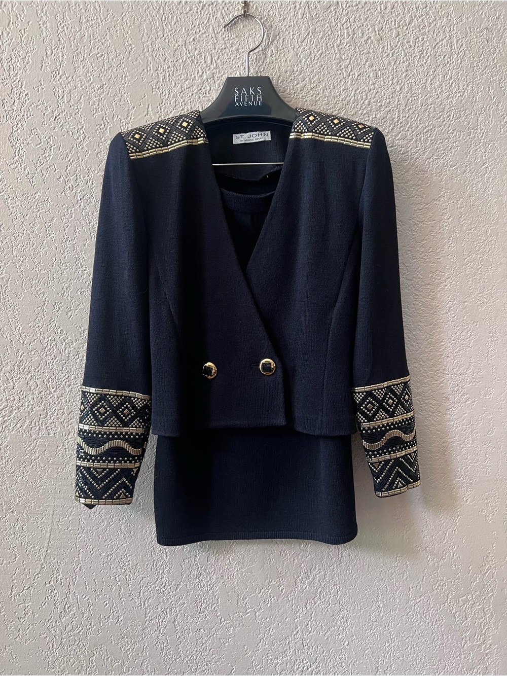 St John Evening Black Double Breasted Knit Suit with Gold Beading SZ 6 Geometric - Picture 2 of 14